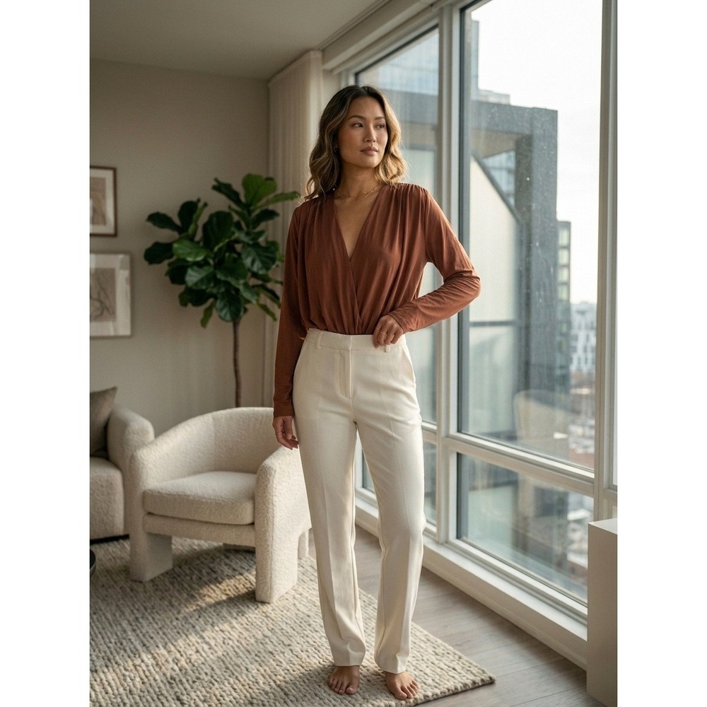 HM Women Rust Brown Draped Surplice Long Sleeve Bodysuit Small NWT
